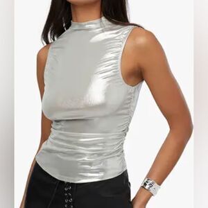WEWOREWHAT Ruched Sleeveless Metallic Silver Turtleneck Top Size XS